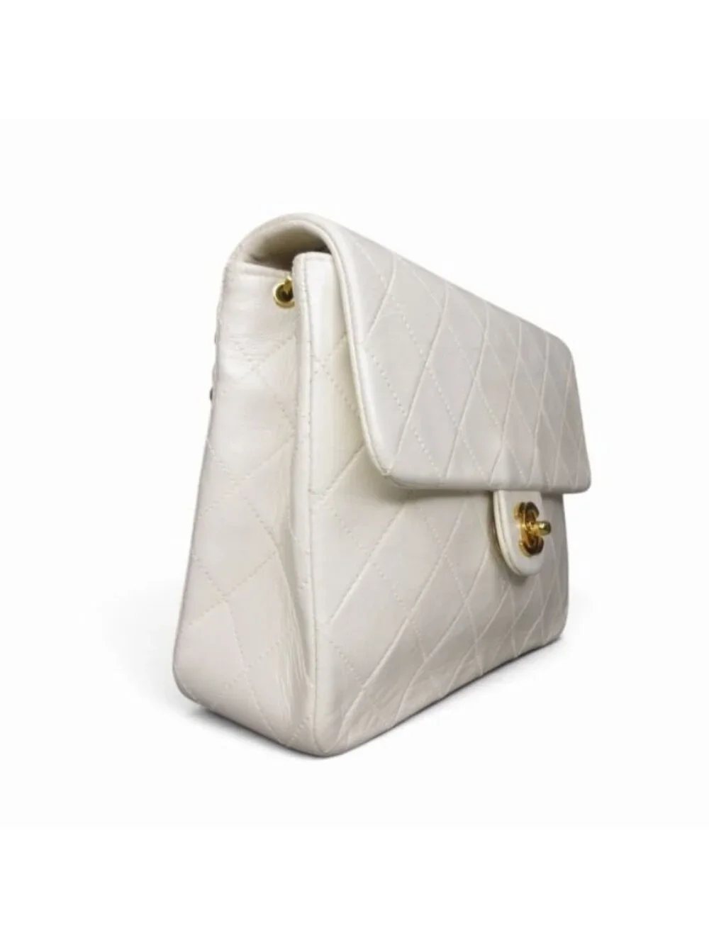 Chanel Quilted Chain Shoulder Bag Cross Lambskin White